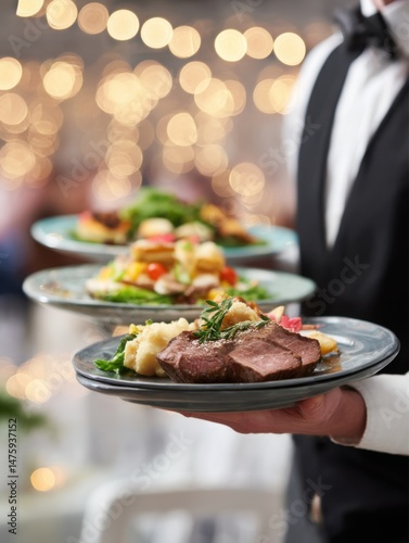 Waiter Carrying Plates of Food at Elegant Event Close Up View of Delicious Meal Service