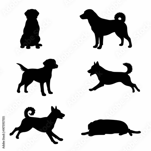 Canine Silhouette Collection: A versatile collection of stylish silhouettes, each capturing the unique form and pose of different canine breeds in a monochromatic palette. Ideal for graphic design.