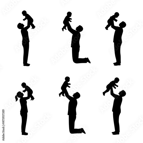 Silhouette of Joy: A series of silhouetted figures portraying moments of pure parental joy, capturing the tender interaction between parent and child, symbolizing love and care
