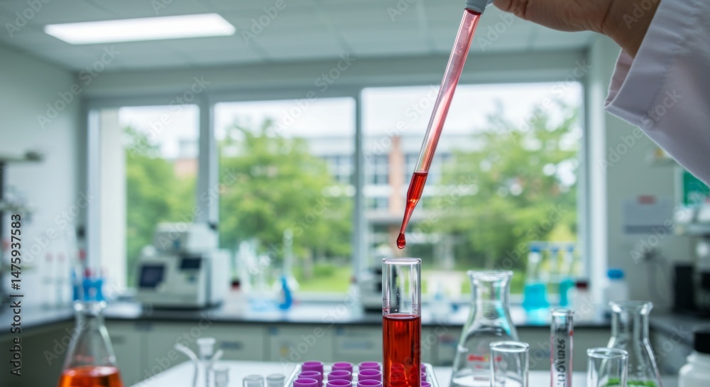 Scientific experiment in modern laboratory with test tubes for medical research and innovation