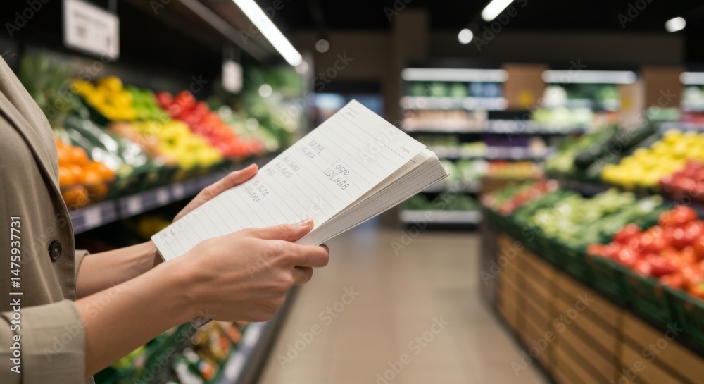 Grocery shopping concept with checklist in produce aisle for efficient meal planning