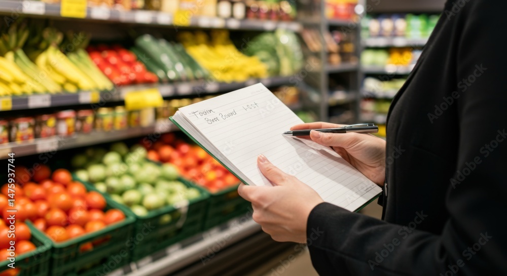 Grocery shopping list and fresh produce at supermarket for meal planning