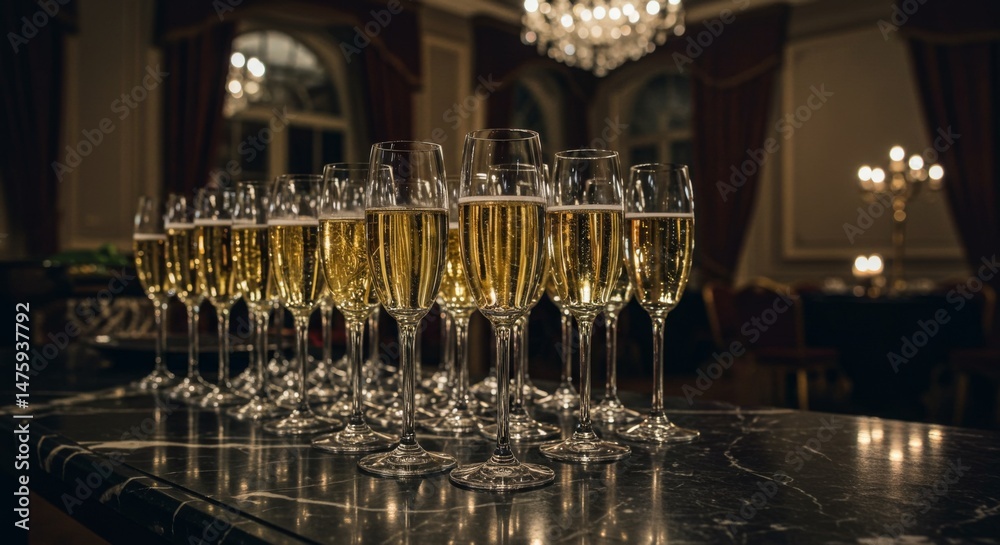 Elegant celebration with glasses of champagne in luxurious setting for festive occasions