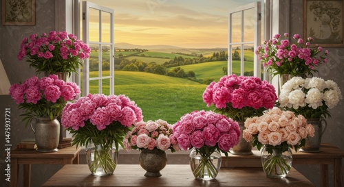 Obraz na płótnie Vibrant floral display with peonies and roses in rustic country setting w salonie