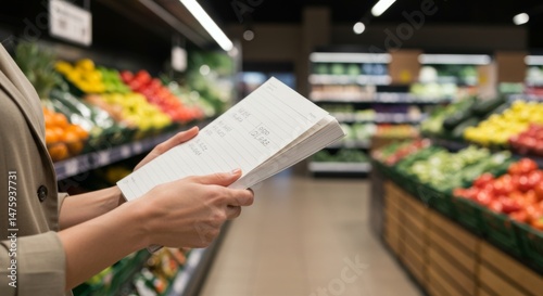 Obraz na płótnie Grocery shopping concept with checklist in produce aisle for efficient meal planning w salonie
