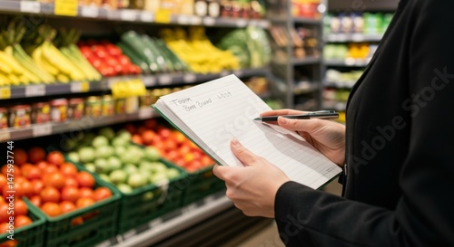 Obraz na płótnie Grocery shopping list and fresh produce at supermarket for meal planning w salonie
