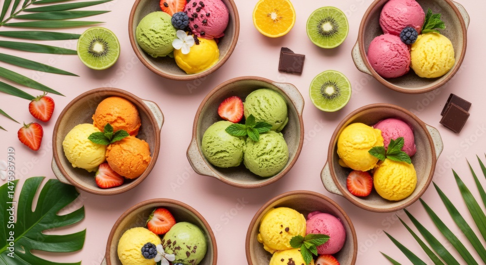 Colorful summer dessert with variety of ice cream flavors and fresh fruits in bowls