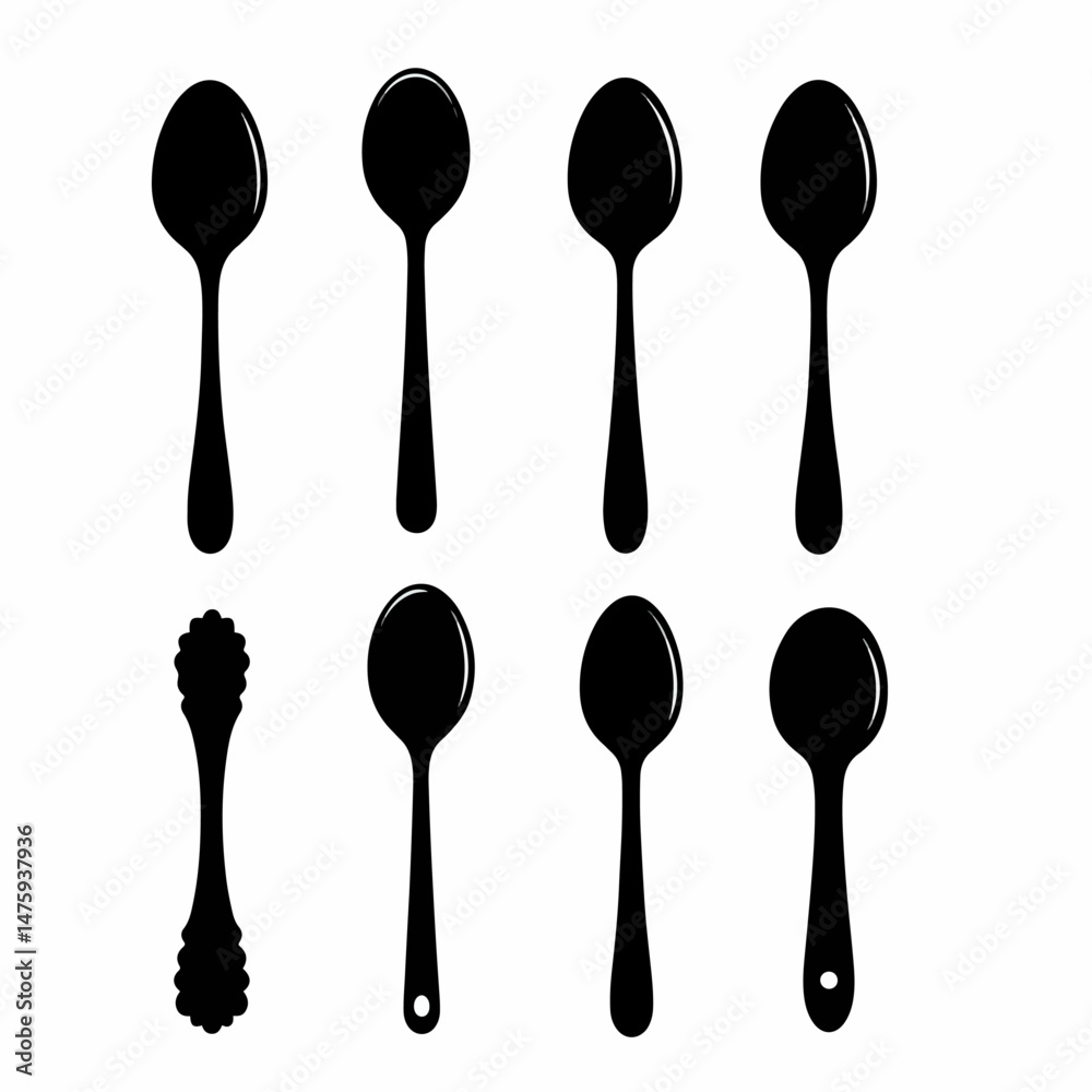 Spoons and Serving Spoon Silhouette: A collection of classic spoons and one serving spoon presented in sleek black silhouette, offering a versatile visual for culinary concepts, food service design. Spoons and Serving Spoon Silhouette: A collection of classic spoons and one serving spoon presented in sleek black silhouette, offering a versatile visual for culinary concepts, food service design.