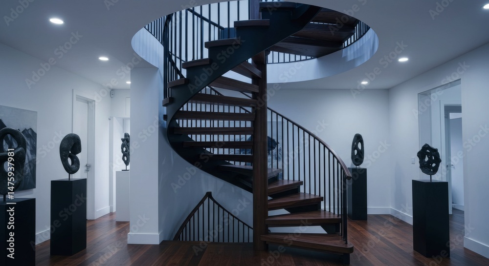 Modern architectural interior with elegant spiral staircase in contemporary gallery setting