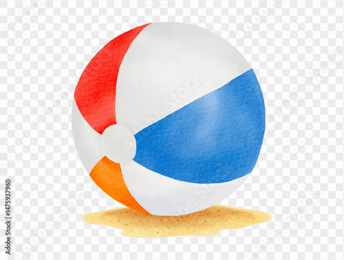Traditional beach ball with red, white, and blue color scheme sitting on a sandy surface, great for beach-themed designs.vector