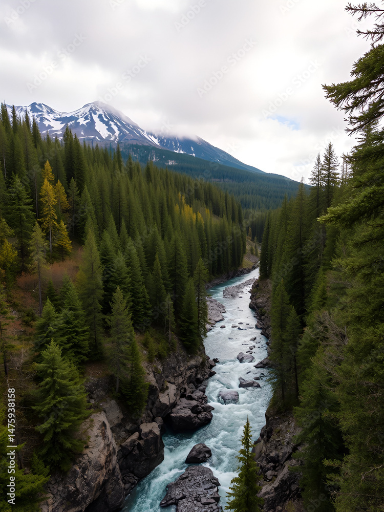 Obraz premium The mountain taiga and river in the canyon. River Omulyovka. Magadan Region. Russia.