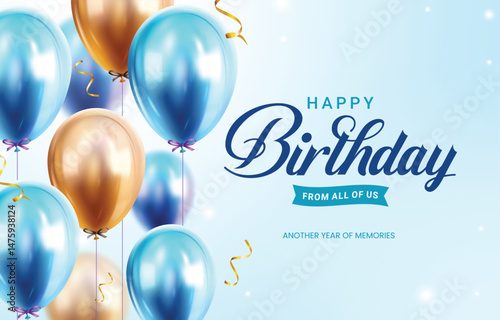 Happy birthday greeting clipart banner design. Birthday greeting text in simple background with blue and gold glossy balloons clip art banner card template vector illustration.
