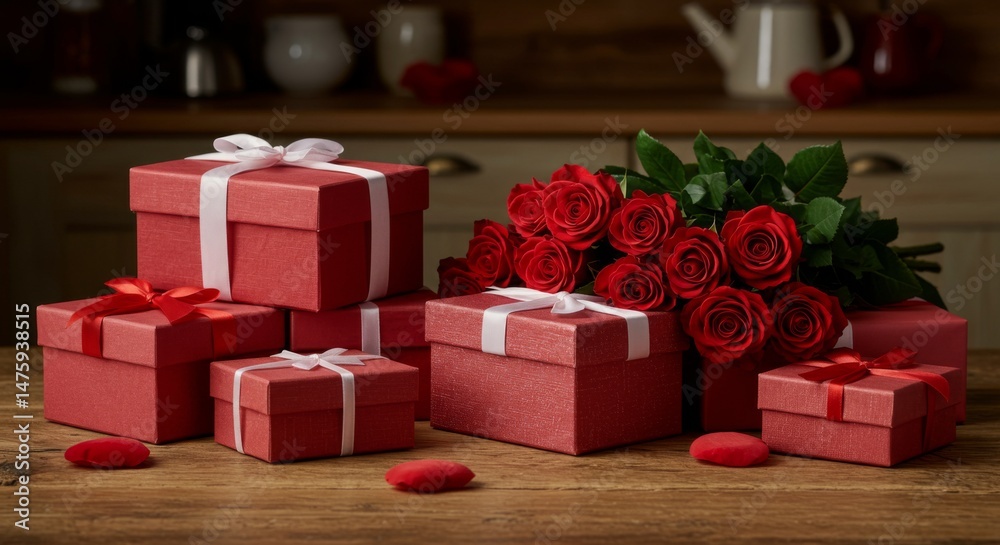 Romantic valentine's day gift setup with red roses and elegant wrapped boxes