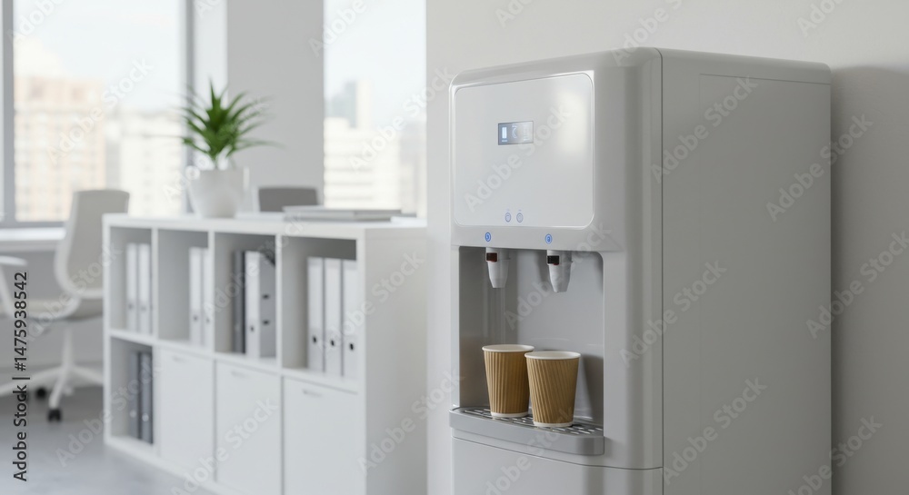 Modern office water cooler with disposable cups in bright workplace setting