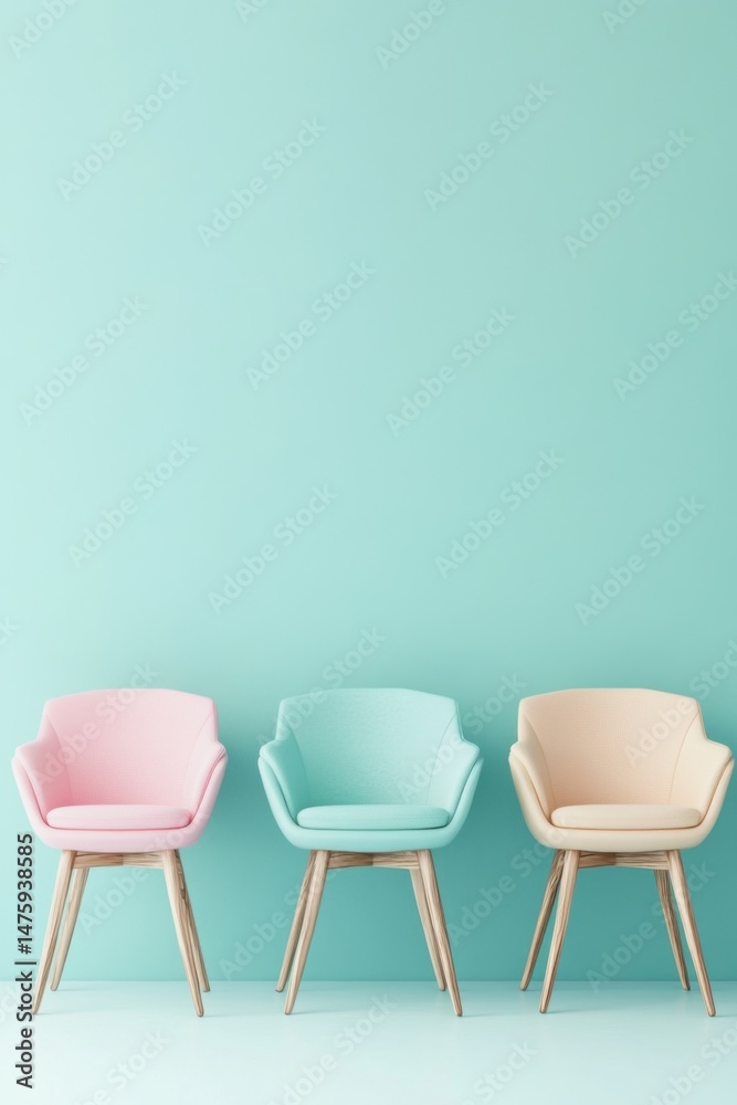 Obraz premium Pastel Chairs Against Aqua Wall Interior Design Studio Shot Three Chairs in a Row Furniture Arrangement