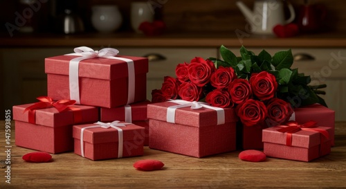Obraz na płótnie Romantic valentine's day gift setup with red roses and elegant wrapped boxes w salonie