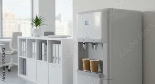 Obraz na płótnie Modern office water cooler with disposable cups in bright workplace setting w salonie
