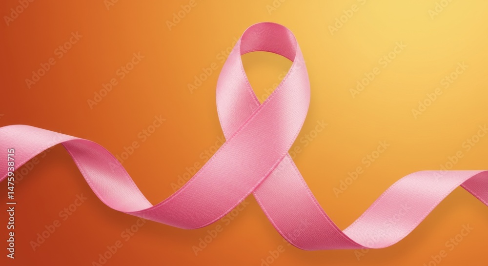 Pink ribbon on gradient orange background symbolizing breast cancer awareness and support