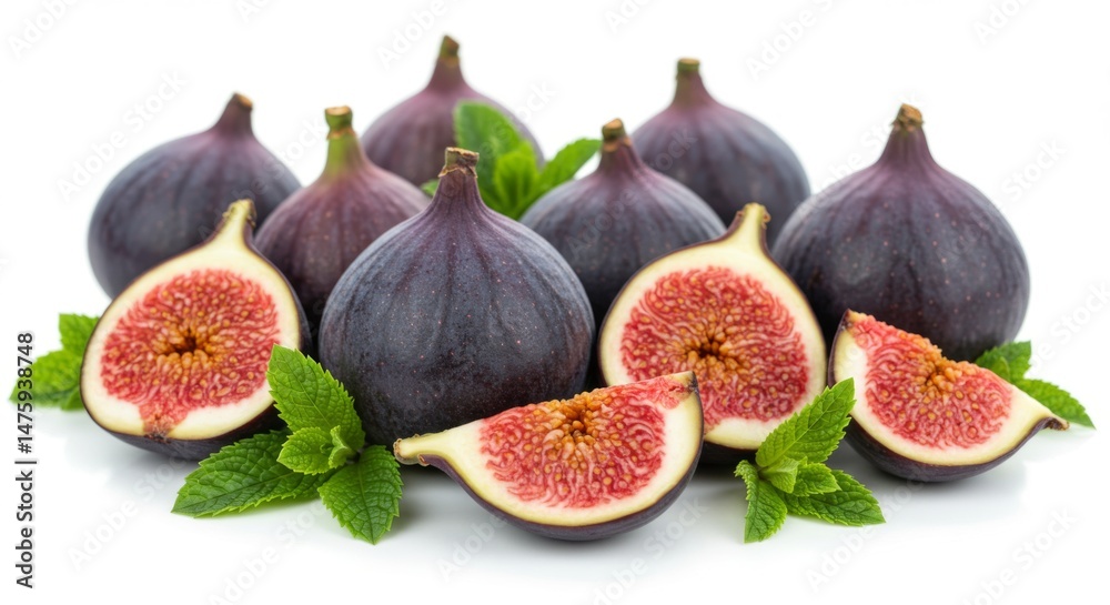 Fresh figs with mint leaves on white background for healthy eating and culinary design