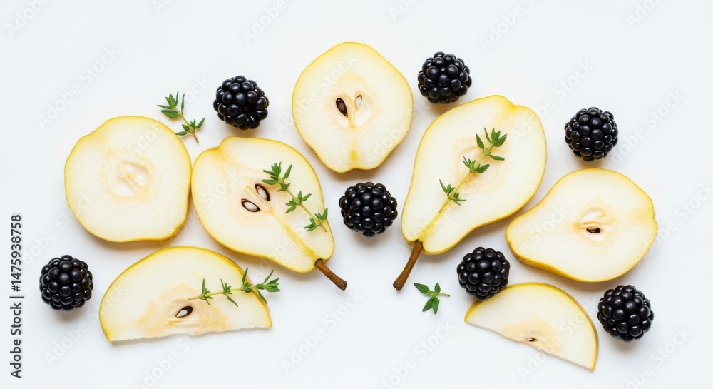 Fresh pear slices and blackberries with green garnish on white background for culinary presentation