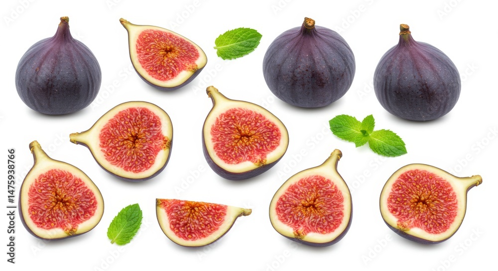 Fresh figs and mint leaves on white background for culinary and health concepts