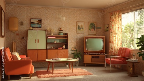 Cozy and compact 1960s living room with retro furniture, tv, and decor