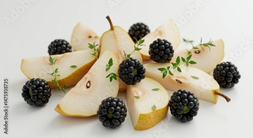 Obraz na płótnie Fresh pear and blackberry arrangement with herbs on white background w salonie