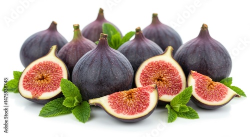 Obraz na płótnie Fresh figs with mint leaves on white background for healthy eating and culinary design w salonie