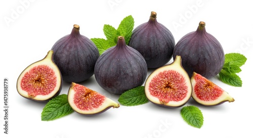 Fresh figs with mint leaves isolated on white background for healthy eating and culinary design