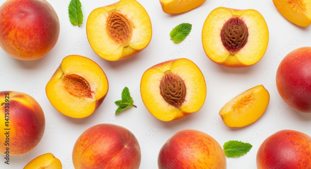 Fresh summer peaches and mint leaves on a white background for culinary designs