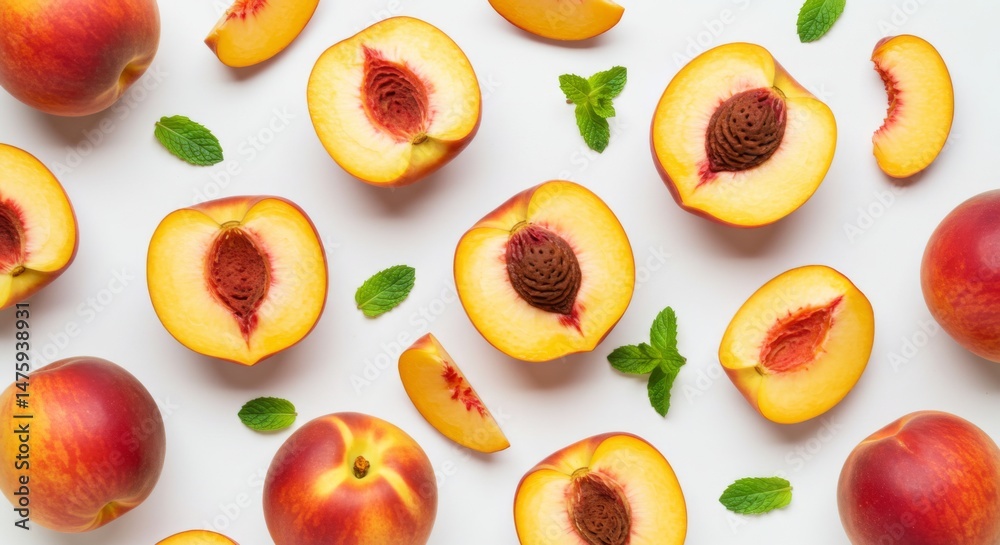 Fresh summer peaches and mint leaves on a white background for culinary inspiration and healthy living