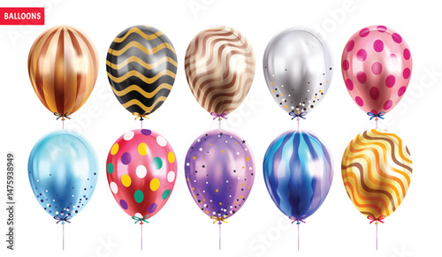 Balloons printed metallic clipart set. Colorful printed pattern balloons clip art elements collection latex, glossy and shiny object for birthday party celebration vector illustration.
