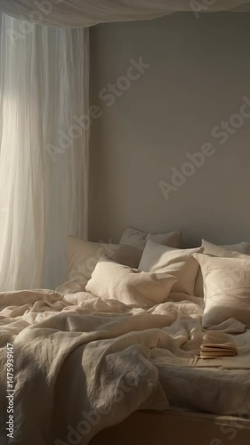 Serene bedroom interior filled with sunlight, soft textiles, pillows and an airy canopy bed with morning light.