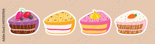 Birthday cake stickers clipart set. Slice cake with assorted flavor for birthday celebration sticker clip art collection delicious dessert doodle style icon vector illustration.
