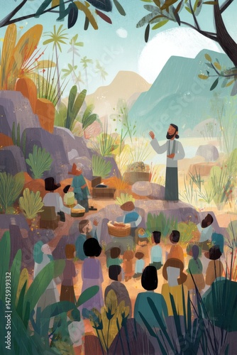 Sermon on the Mount Illustration Style Jesus Teaching Crowd Hillside Landscape Religious Scene Outdoor Gathering Christian Faith