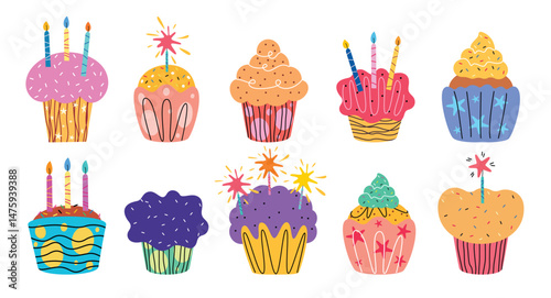 Cupcake doodle icon clipart set. Birthday colorful cake with icing and candle toppings clip art collection drawing line art symbol yummy dessert elements vector illustration. 

