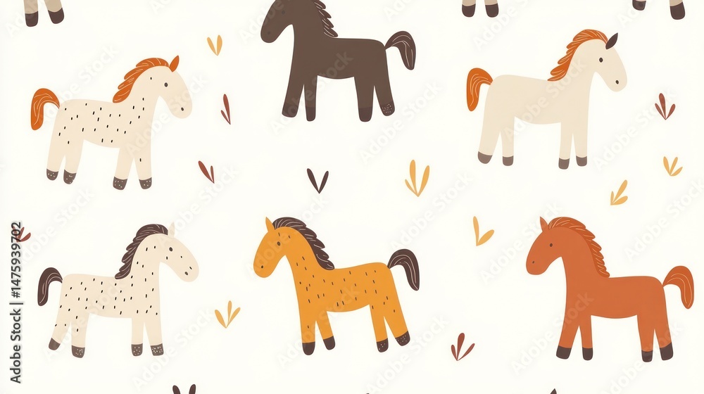 Obraz premium Repeating pattern of cute, simple horses on a white background.