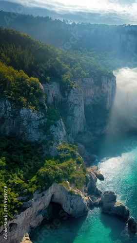 A beautiful waterfall cascades through a lush forest in the mountains of Thailand