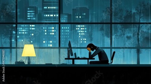 Night City Solitude: A Man's Late-Night Struggle with Work and Loneliness in a Modern Metropolis