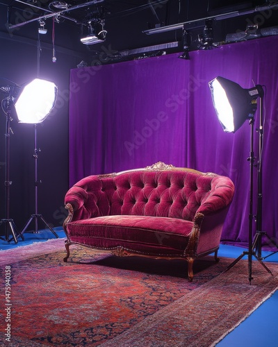 Red velvet couch on oriental rug in photography studio with purple backdrop and studio lighting setup