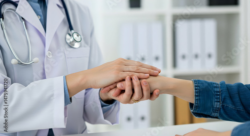 Doctor patient compassionate care healthcare support empathy medical professional hand holding comfort trust wellbeing health insurance medical treatment physician clinic hospital visit photo