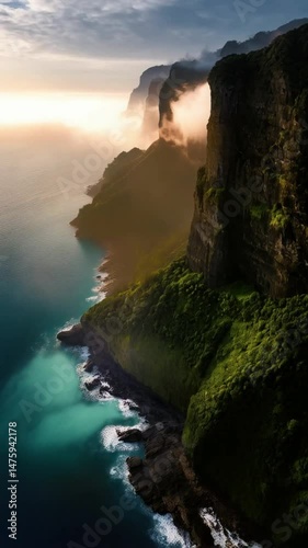 Sunset over the ocean with a cascading waterfall in a green mountain landscape photo