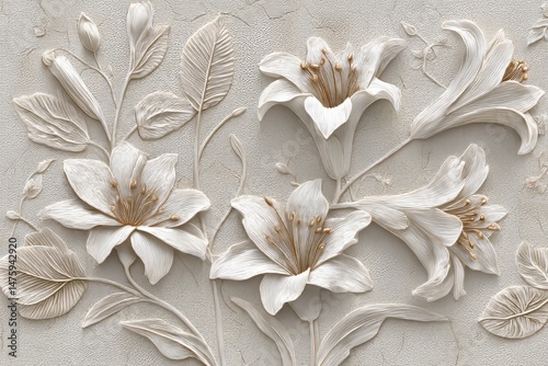 Elegant, decorative floral relief design on a light background.