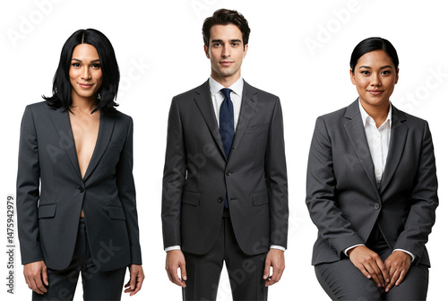 Three diverse young adult professionals, two women and one man, wearing grey business suits and posing formally against a black studio background.