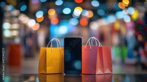 Wallpaper Mural Colorful shopping bags flank a smartphone against a blurred city lights backdrop, suggesting online or mobile shopping Torontodigital.ca