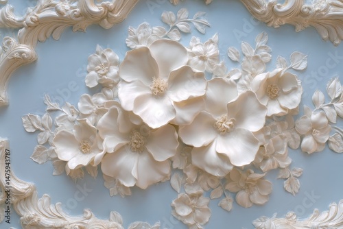 Ornate floral relief carving on a light blue backdrop.