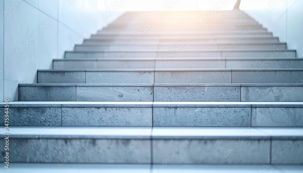 Fototapeta premium A beautifully crafted wooden staircase bathed in soft, warm light filtering through large windows, casting gentle shadows on the steps.