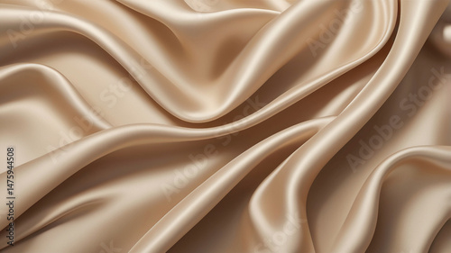 Beige silk fabric in a fullframe, featuring soft folds and natural shine. The elegant texture creates a warm, luxurious, and sophisticated background. photo