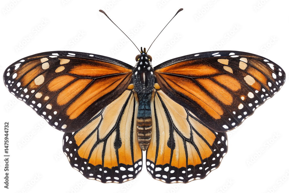 Fototapeta premium Close up view of a monarch butterfly with spread wings against a transparent background