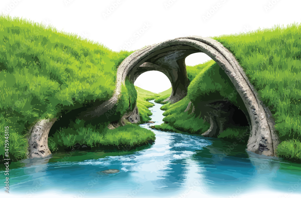 Fototapeta premium Surreal Twisted Portal in Nature – Abstract River Landscape with Green Grass